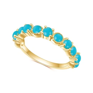 Round Cab Lab-Created Turquoise Half Eternity Wedding Band Ring in 925 Silver - Picture 1 of 6