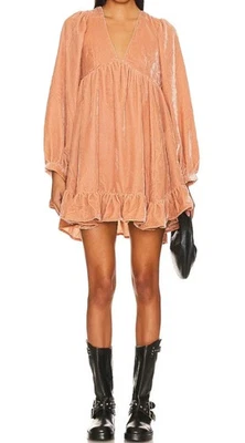 Nuevo Mini Vestido Babydoll FREE PEOPLE Estella Terciopelo Volantes Rosa S Columpio Foto 1 de 4