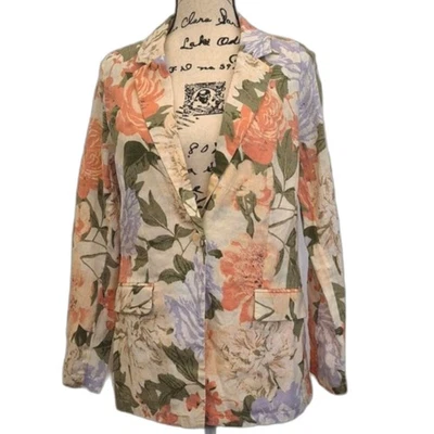 Joie Linen Blazer Jacket S Cream Colorful Floral Pattern 1 Button Flap Pockets  - Image 1 of 4