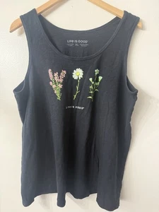 Life is Good Tank Top Women's XL Crusher Black Flowers Daisy Slub Cotton - Picture 1 of 8