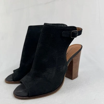 Botines Lucky Brand Lisza de cuero gamuza negro punta abierta tacón honda 7M Foto 1 de 4
