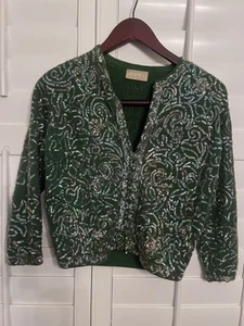 Cardigan maglione paillettes verde vintage giacca zip piccolo - Foto 1 di 4