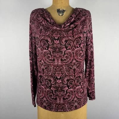 Talbots Petites Women’s LP Long Sleeve Top Pink Black Damask Print Cowl Neck  - Image 1 of 4