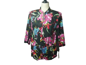 Notations Women's Black Floral lightweight full zip jacket 3/4 sleeve Size 1X - Picture 1 of 6