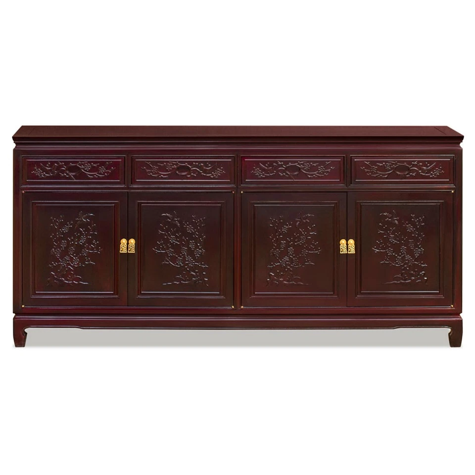 US Seller - Grand Dark Cherry Rosewood Flower and Bird Oriental Sideboard - Image 1 of 4
