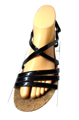 Andrew Geller Downtown Black Strappy Sandals Size 8 Faux Cork Sole Low Wedge - Image 1 of 4