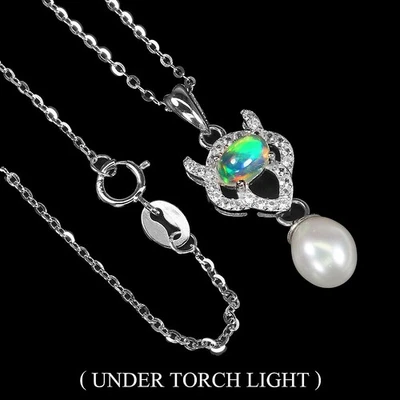 925 Sterling Silver Necklace Oval Fire Opal 6x4mm White Topaz Pearl Gemstone 18 - Image 1 of 4