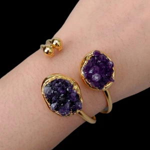 Gold plated Open Bangle Unique Real Natural Amethyst Druzy Raw Bracelet - Picture 1 of 6