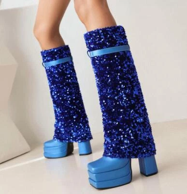 Botas hasta la rodilla de lentejuelas tacón bloque punta cuadrada informales para mujer con cremallera hebilla zapatos Plus Foto 1 de 4