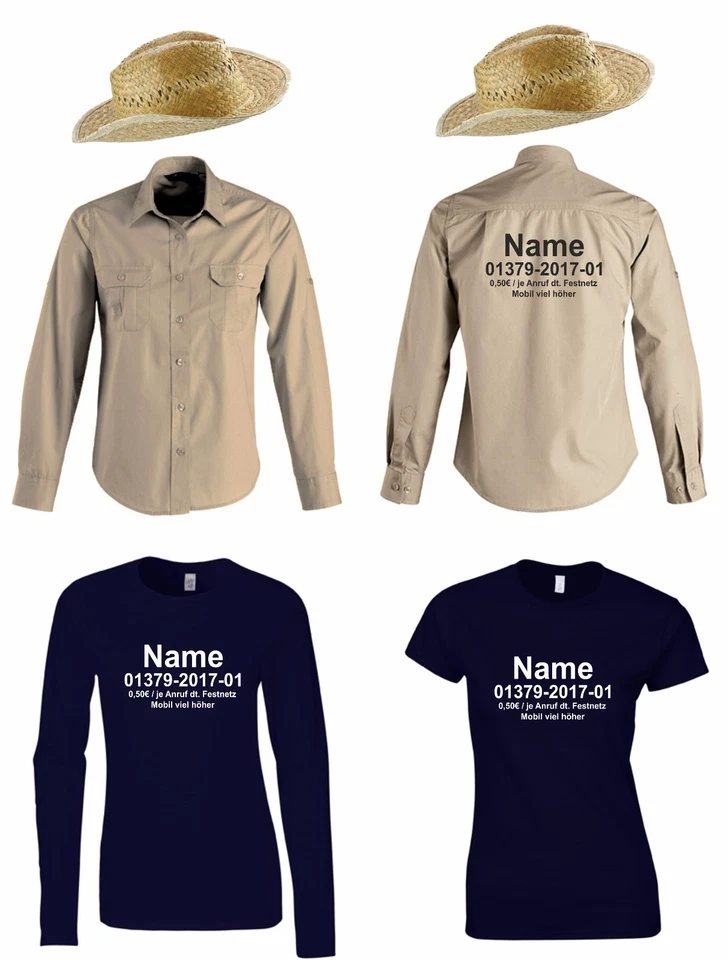 Damen T-Shirt + Hut oder Hemd mit Ihrem Namen Kostüm für Dschungelcamp Fans