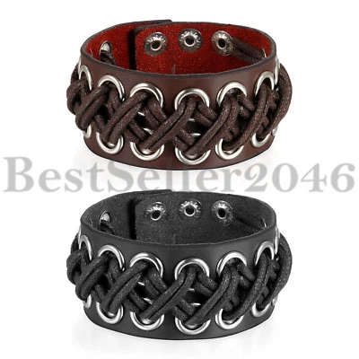 Hombres Mujeres Pulsera Cuero Trenzado Punk Rock Cinturón Ancho Pulsera Puño Ajustable Foto 1 de 4