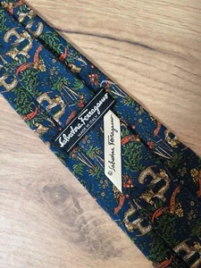 SALVATORE FERRAGAMO Corbata Cuello Seda Azul Marino Estampado Leopardo Selva - Imagen 1 de 7