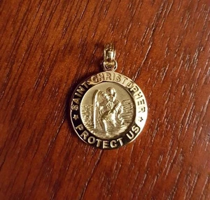 CIONDOLO TONDO MEDAGLIA SAN CRISTOFORO ORO MASSICCIO 14K PICCOLO - 0,9" POLLICI - Foto 1 di 8