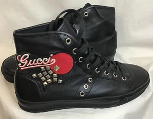 Gucci Sneaker Black Leather Lace Up High Top Stud Embroider Logo Side Size W10 - Picture 1 of 12