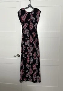 Fame And Partners Maxi Dress. Black W Pink Floral. Cap Sleeves High Slit. 10 NWT - Picture 1 of 9