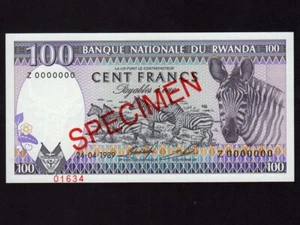 Rwanda:P-19s, 100 Francs, 1989 * Specimen * Zebra * UNC * - Picture 1 of 2