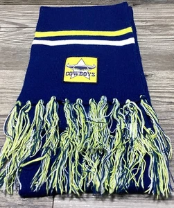 Bufanda de fútbol americano vintage NRL QLD vaqueros rugby azul marino amarillo borlas tejidas adulto - Imagen 1 de 9