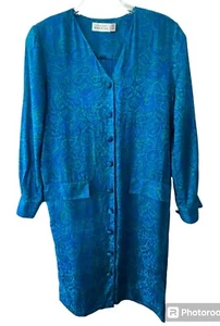 Adrianna Papell Womens Size 10 100% Silk Long Sleeve Shirt Dress Blue Green - Picture 1 of 9