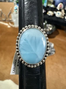 925, Sterling Silver, Genuine Larimar, Beaded Accent Setting, Ring Sz 8 1/2 - Picture 1 of 6