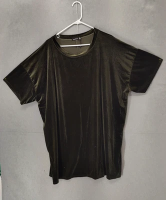 Boohoo Shirt Women 20 Olive Green Velvet Short Sleeve Crewneck Stretch Top - Image 1 of 4