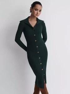 Vestido midi verde ceñido al cuerpo con botones Reiss Maria talla UKS Petite PVP £188 - Imagen 1 de 9