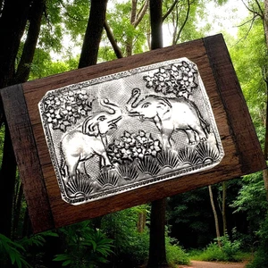 Small Teak Wood Silver Tin Thai Elephant Trinket Box Trunks Up Good Luck - Picture 1 of 15