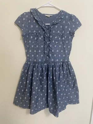 Lands End Dress Girls Size 7 Cap Sleeve Blue Sailboats 100% Cotton Spring Dress - Image 1 of 4