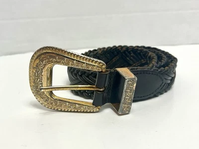 VTG Express Size S Black Braided Leather Belt Gold Engraved Buckle Western Boho - Image 1 of 4