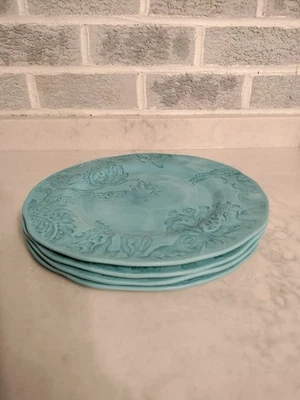 Set/4 Artisan De Luxe Aqua Blue Floral Paisley Edge Melamine Dinner Plates ~11" - Image 1 of 4