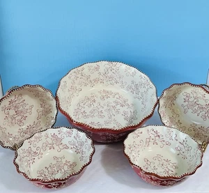 Temptations Floral Lace Red 4 Quart Mixing Serving Bowl & 4 Soup /Salad Bowls - Picture 1 of 18