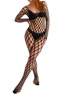 HO-ERSOKA Damen Bodystocking Fencenet V-Ausschnitt langarm ouvert sexy Dessous schwarz OS