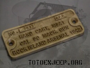 PLAQUETTE PLATE PLAQUE RESINE HAND CART M5 ROCK CAL50 JEEP WILLYS US WW2 - Foto 1 di 1