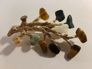 Vintage Gold Tone Branch Brooch w/ Multi Colored Earth Stones Tiger's, Turquoise - Picture 1 of 3
