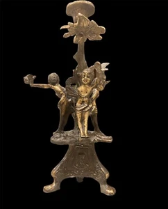 ANTIQUE 19TH CENTURY SOLID BRASS CANDLESTICK CHERUBS & DOVES - Picture 1 of 6