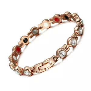 Womens Rose Gold Titanium Clear Zircon Magnetic Therapy Bracelet Energy Bangle - Picture 1 of 12