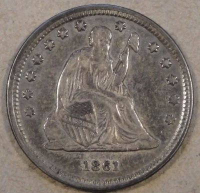1861 Seated Liberty Quarter Nice Original AU Popular Civil War Date - Image 1 of 2