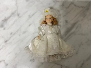 Porcelain Doll 5 Inches Tall with White Dress and Hat Jointed - Picture 1 of 6