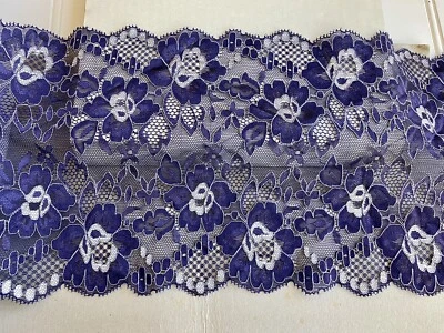 Borde de encaje de malla floral azul púrpura elástico para costura/novia/artesanía/7" de ancho Foto 1 de 4