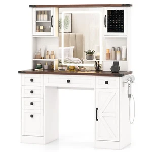 Farmhouse Vanity Desk w/ Lighted Mirror Makeup Vanity Table w/ 3 Doors - Picture 1 of 9