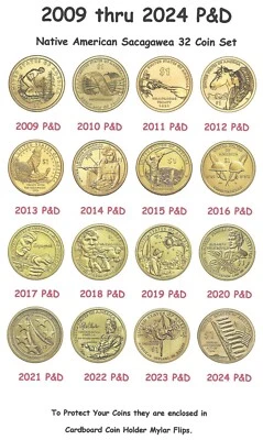 Juego de dólares nativos americanos P&D 2009-2024 - 32 monedas como nuevas sin circular Foto 1 de 2