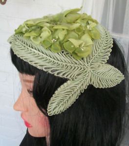 New ListingVintage 1960s Fascinator Half Hat Light Green Pleated Straw w Flowers