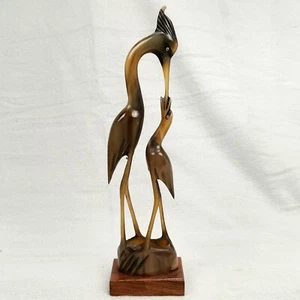 VTG Hand Carved Horn Heron Statue Crane Bird Mom Feeding Baby Tropical Egret - Picture 1 of 13