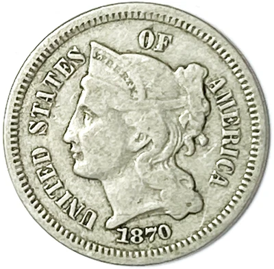 1870 3c Three Cent Nickel US Coin Rare - Image 1 of 2