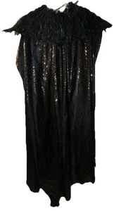 Mantello Mantello Piuma Collo Lunghezza Pavimento Nero Lucido Gotico Halloween Strega Cosplay - Foto 1 di 6