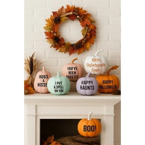Set of 7 Decorative Halloween Pumpkins – Pastel & Classic Designs - Fun Sayings - Picture 1 of 7