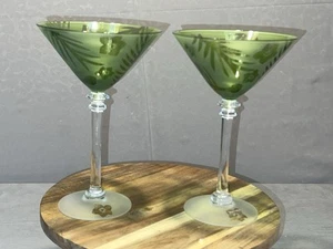 RARE Elegant Set 2 Waterford Etched Martini Glasses Soft Green Crystalline Stem - Picture 1 of 21