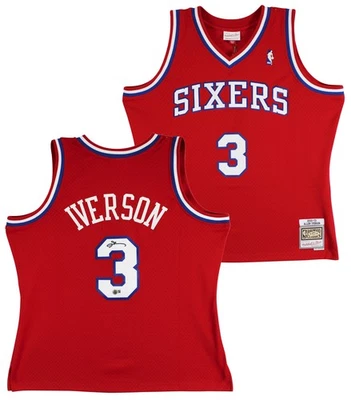 76ers Allen Iverson Signed Red 2002-03 M&N HWC Swingman Jersey BAS Witnessed - Image 1 of 4