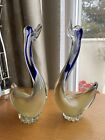 Decorative Pair Of Vintage Sommerso Art Glass Swan Bird Figurines Likely Murano