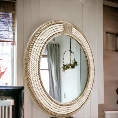 Nautical Round Coastal Wall Mirror, Jute & Cotton Rope Framed Rustic Bathroom - Image 1 of 4