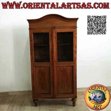 Vetrina antica a due ante semplice con cappello curvo in legno antico di teak